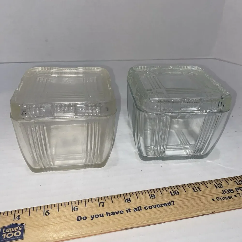 2-VTG Hazel Atlas Crisscross Clear Glass Square Refrigerator Dishes W/Lids 1930s